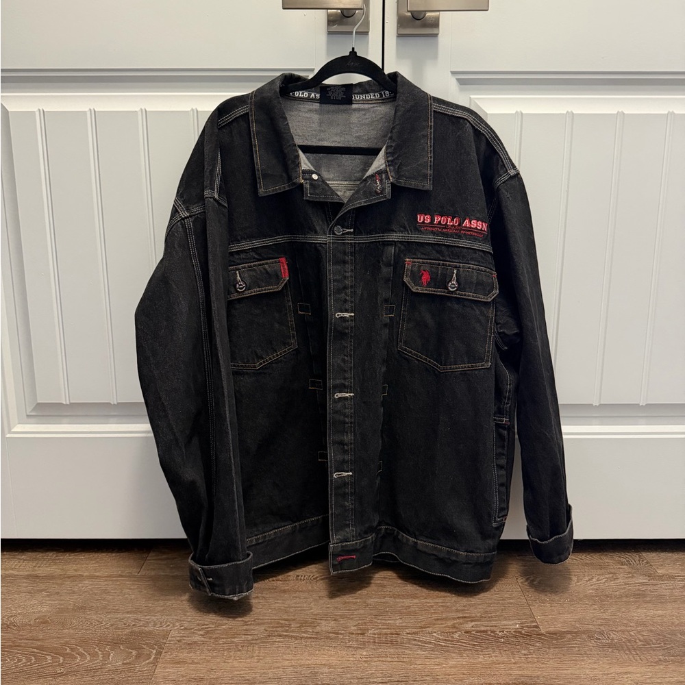 U.S. Polo Assn. Men's Black Denim Shirt Jacket with Red Logo Accents